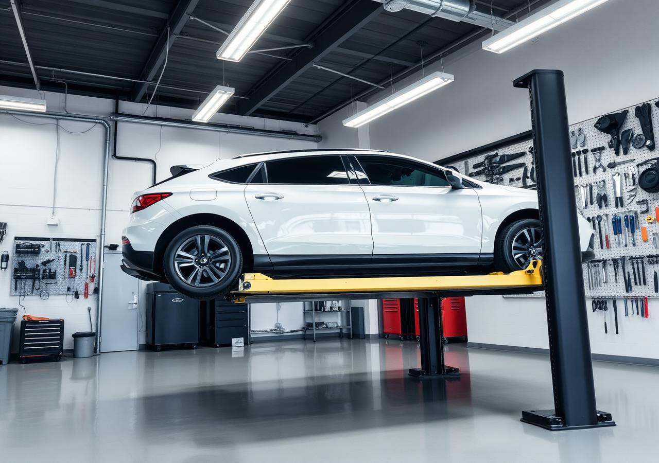Osobní vůz na dvousloupovém zvedáku v dílně autoservisu